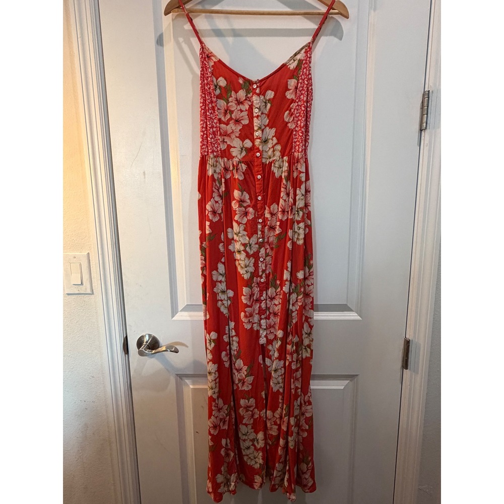 Hollister Red Tropical Hibiscus Floral Button Front Maxi Dress Y2K Medium
